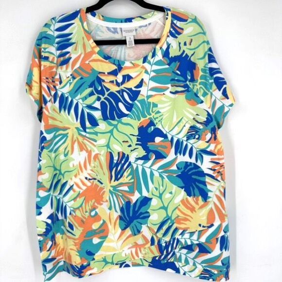 Chico's Weekends Tropical Stretch T Shirt Size 3 XL‎ Resort Colorful White Top - Picture 2 of 12